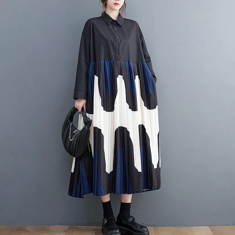 

#6850 Split Joint Pleated Shirt Dress Women Long Sleeve Polo Neck Buttons Vintage Printed Midi A-line Dress Ladies Loose Spring