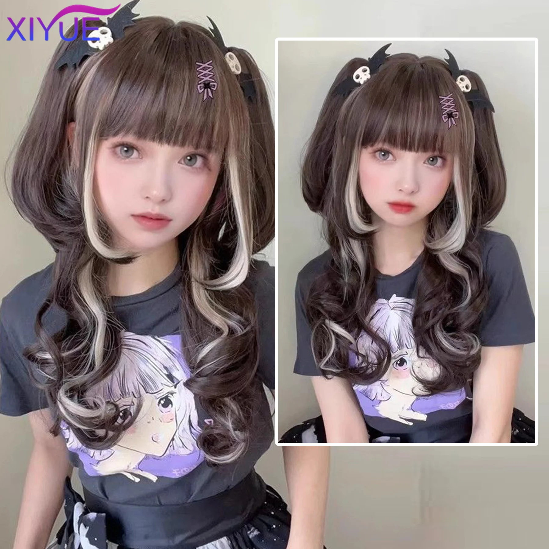 XIYUE Synthetic Hair Long Wave brown And Pink Lolita Wigs For Women Cosplay Wig With Bangs Halloween Christmas Heat Resistant