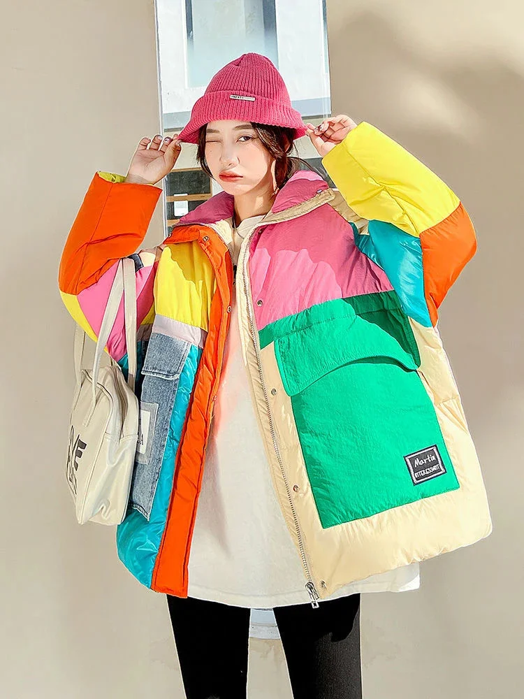 

2024 New Colorful White Down Parka Winter Warmer Thicken Streetwear Puffer Jacket Hooded Long Sleeve Loose Outerwear Coat