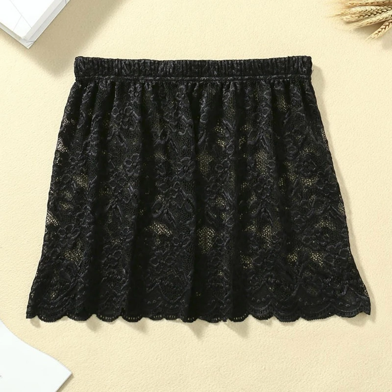 Women Floral Lace Layering Faux Top Sweep Mini Skirt Pleated A-Line Flare Fake Hem Shirt Extender Half-Length Underskirt