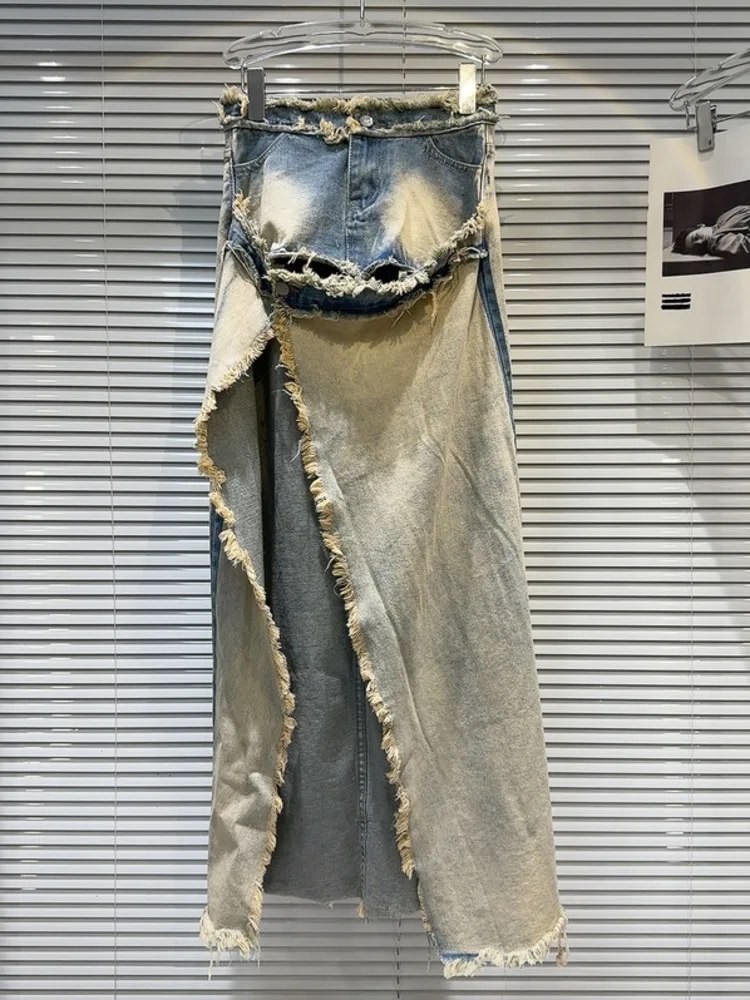 

Женская летняя юбка-двойка [EWQ], голубая юбка-двойка в европейском стиле с эффектом потертости, Жаккардовая юбка, модель 16O69505, 2024