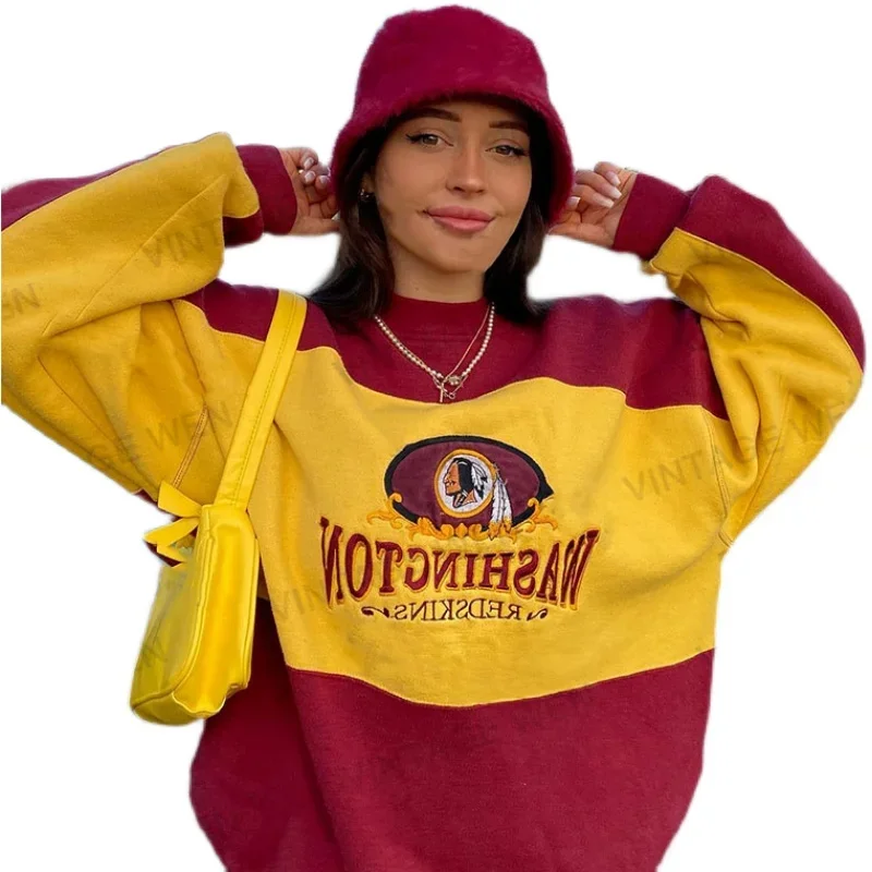 American Retro Color Block Embroidery Loose Pullover Sports Sweater Women's Ins Fashionable Top All-Matching