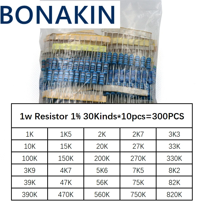 Total 300pcs 1% 1W Metal Film Resistor Assorted Kit 30Values*10pcs=300pcs (1K Ohm ~820K Ohm)