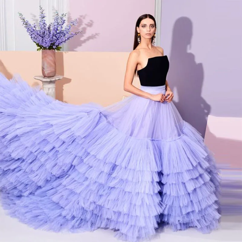 

Lavender Tiered Long Skirts Girls Birthday Party Puffy Tulle Skirt Women Wedding Guest Prom Party Formal Wear Sweep Train Saias