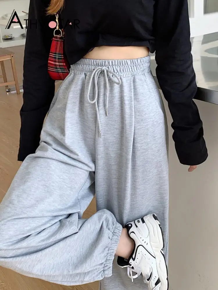 

ATHVOTAR Pants Women Fashion Oversize Gray Harem Pants Loose Streetwear High Waist Wide Leg Pockets Casual Sports Sweatpants