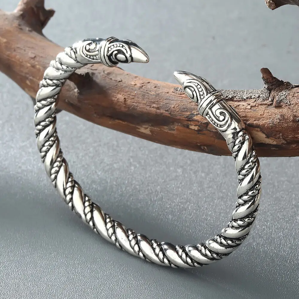 Viking Raven Head Bracelet - Stainless Steel Cuff With Norse Mythology Design