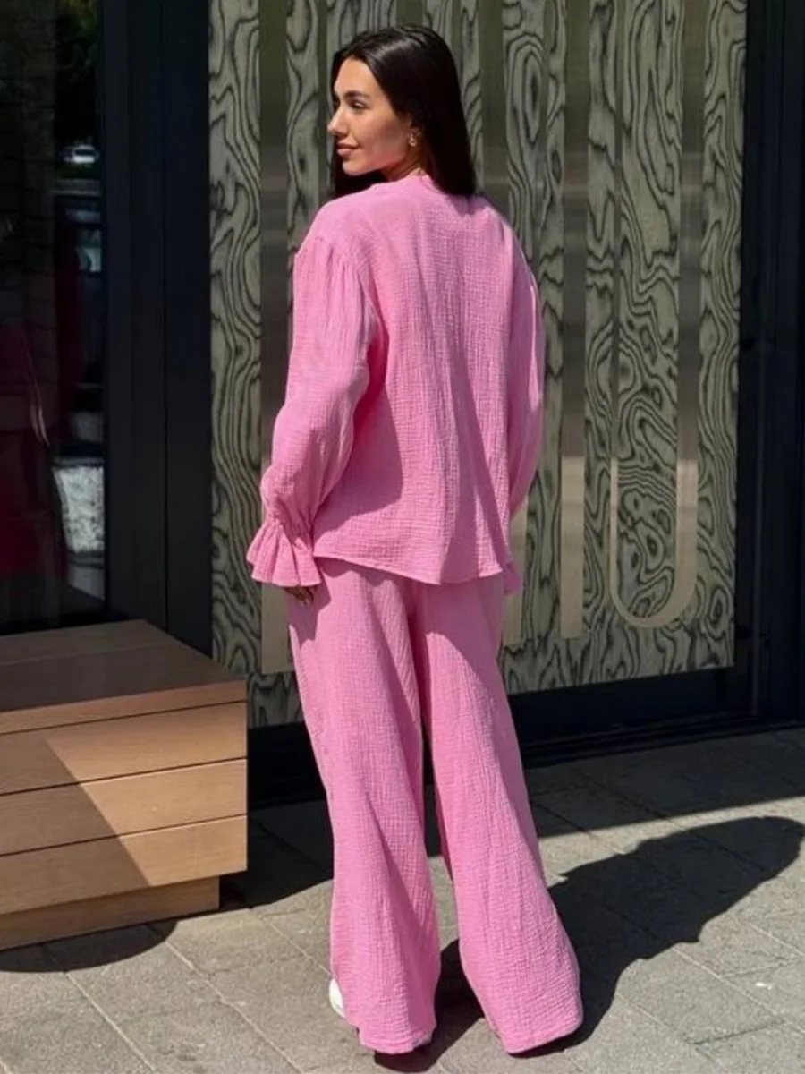 Bornladies Women's New 2025 Autumn Cotton Lantern Sleeve Long Sleeve Set Loose Cardigan Wide Leg Pants 2-Piece Set