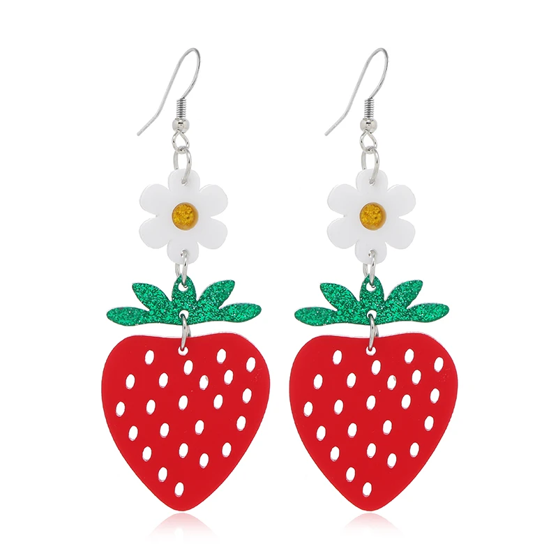 Acrylic board fruit super cute white flowers red strawberries summer personality exaggerated earrings