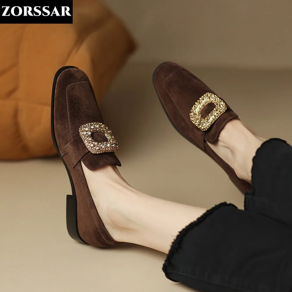 

Spring New 2024 Square Buckle Rhinestones Shoe Flat Shoes Suede Loafers Comfortable Work Shoes Flat Shoes Single Shoe