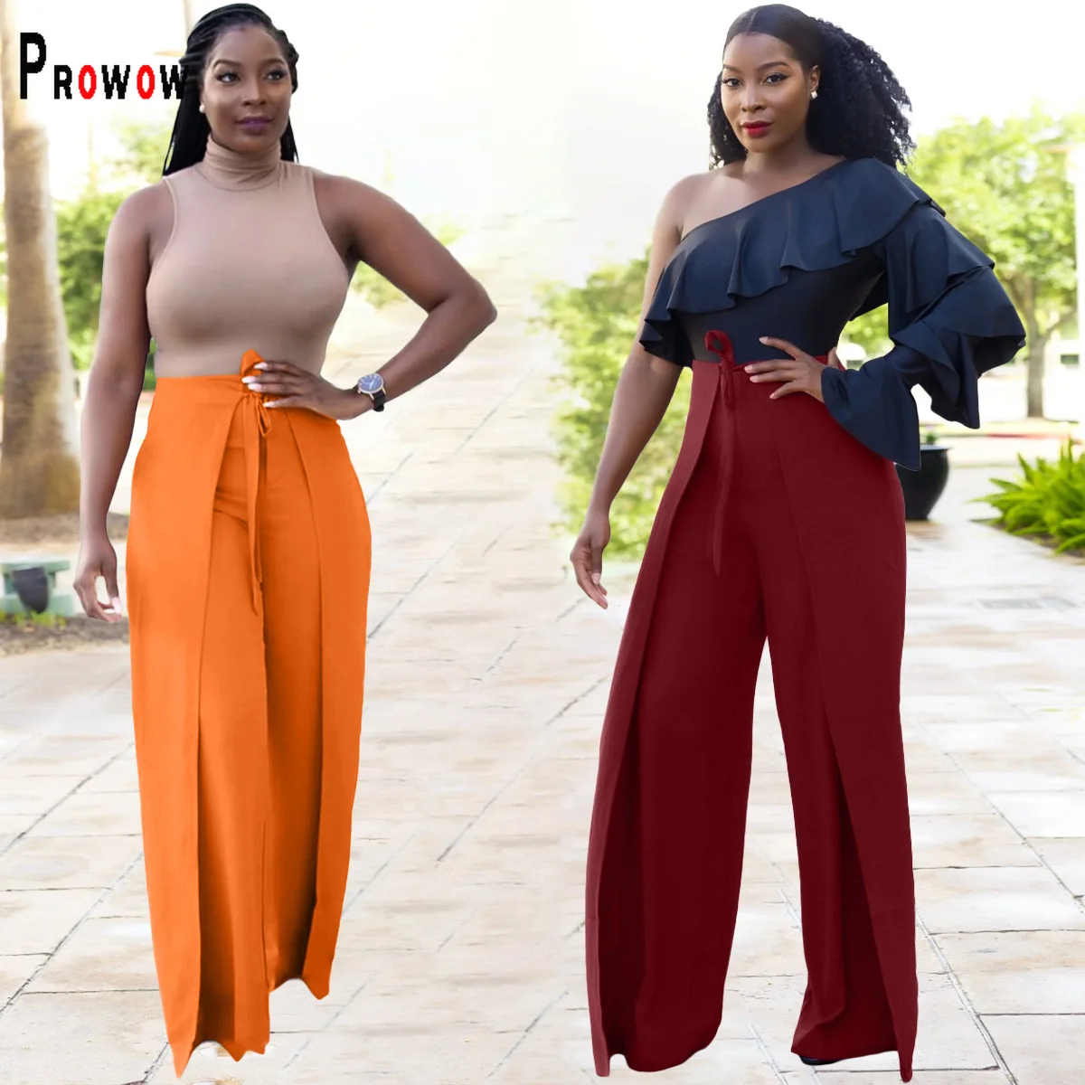 

Prowow High Waist Women Pant Lace Up Solid Color Office Lady Wide Leg Pants 2023 Latest Design Spring Female Trousers Streetwear