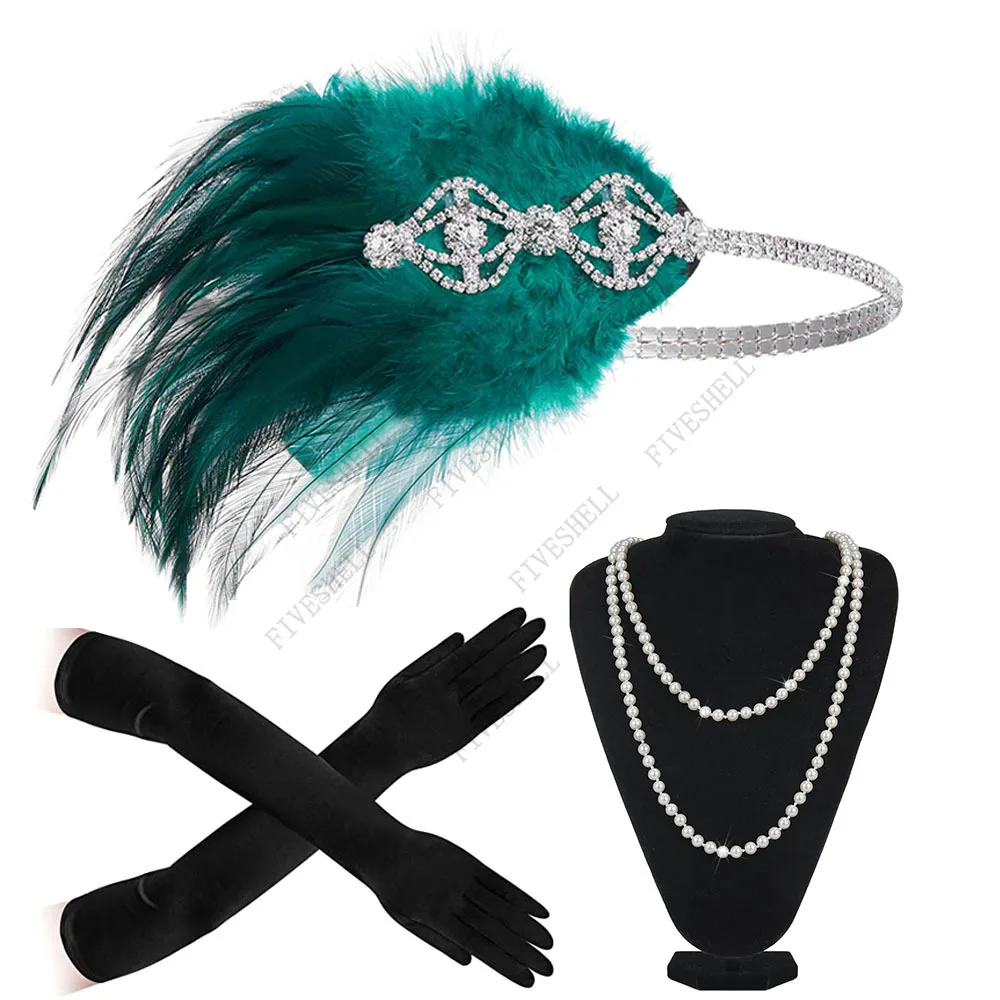 

20s Great Gatsby Party Costume Flapper Headband Pearl Necklace Glove 1920s Great Gatsby Headpiece Accessories Set For Women