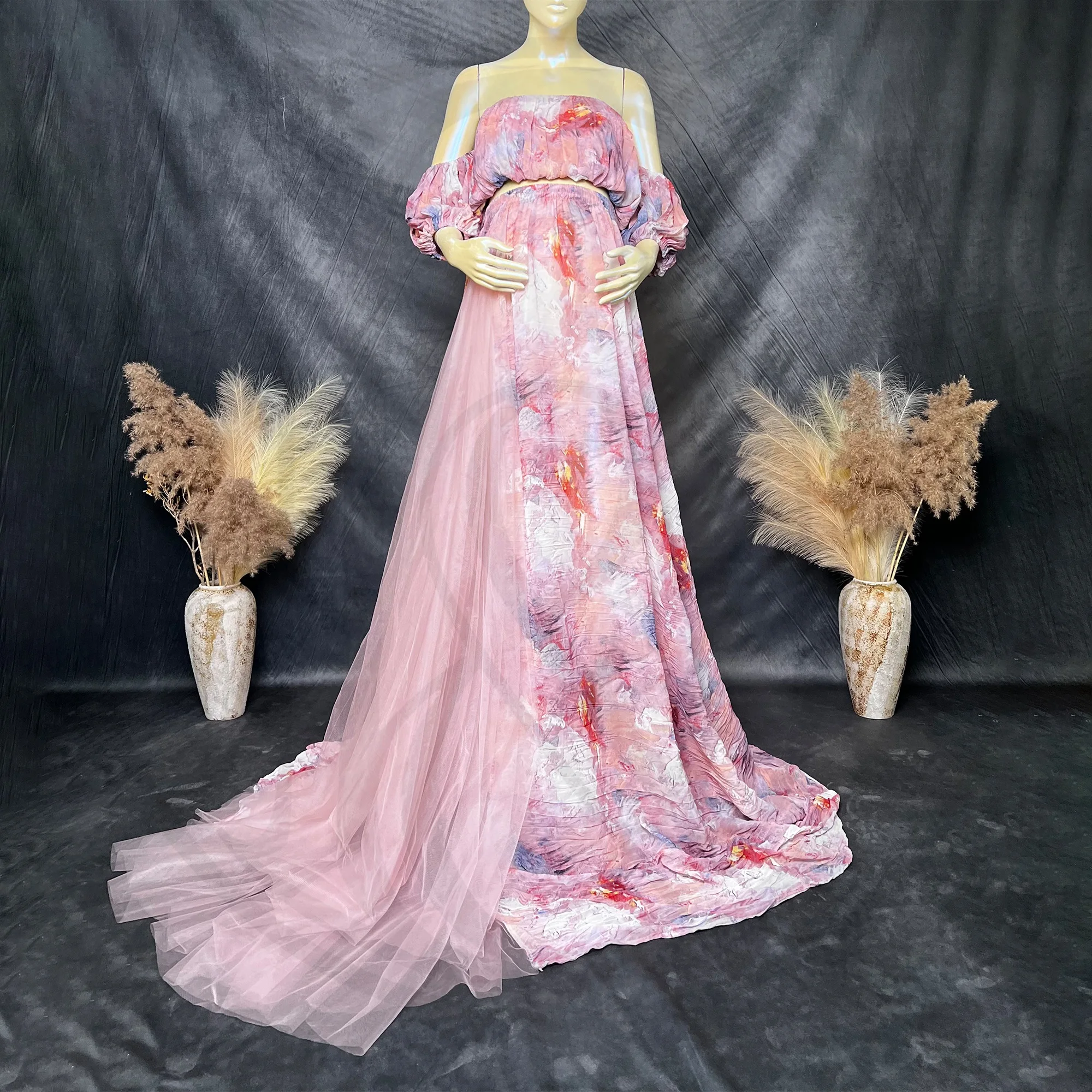 Don&Judy Maternity Dress Photography Off Shoulder Tie Dye Print Side With Tulle Party Wedding Gown Pregnant Women Photoshoot Set