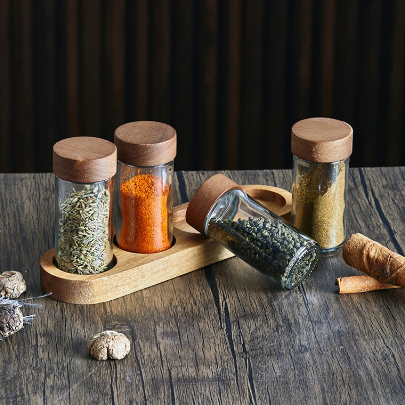 Glass Seasoning Jars Spice Box Wooden Pallets Three-piece Set Spice Jars Kitchen Storage Containers Salt Seasoning Organizer