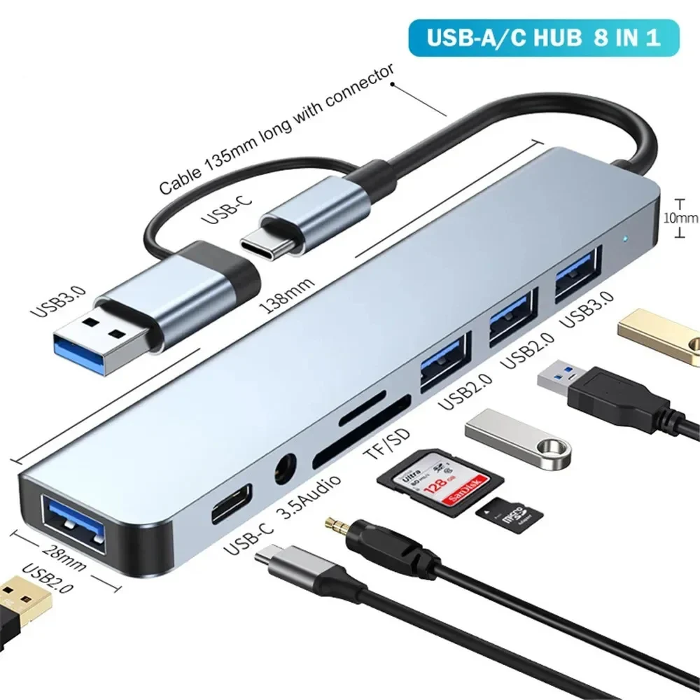 8 ב-2 USB 3.0 HUB USB C HUB תחנת עגינה USB סוג C מתאם מרובה יציאות קורא כרטיסי SD TF למחשבים ניידים ושולחניים