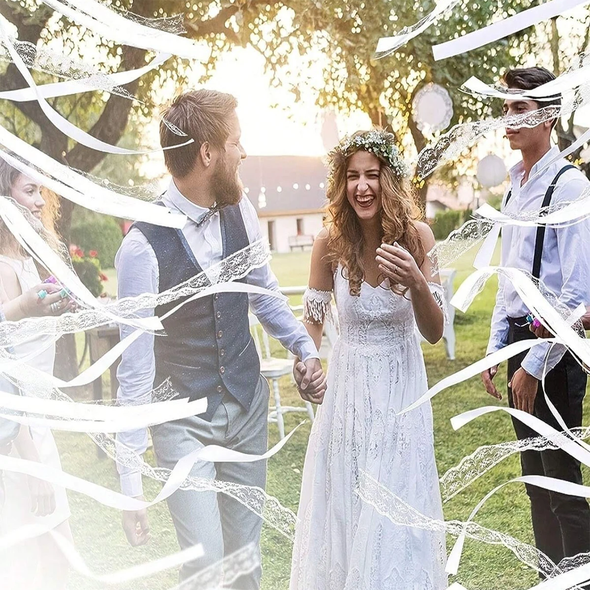 

10/30PC White Ribbon Wands Fairy Sticks Wedding Twirling Lace Streamers With Golden Bell Party Cheering Prop Favor for Wedding