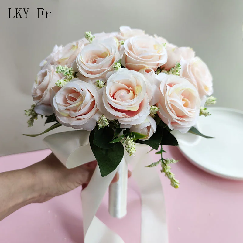 LKY Fr Bride Wedding Bouquet for Bridesmaid Groom Boutonniere Wrist Corsage Marriage Accessories White Roses Artificial Flowers