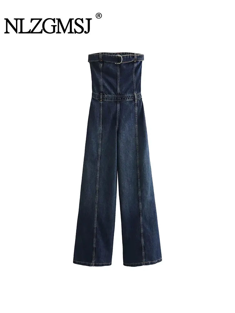 

TRAF 2023 Autumn Off ShoulderDenim Jumpsuits Women Sexy Sleeveless Tube Top Vintage Jumpsuits High Waist Wide Leg Playsuits