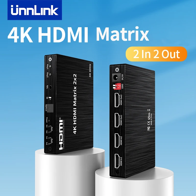 

Unnlink 4K 60Hz HDMI Matrix 2x2 HDMI 2.0 Vdieo Switch Splitter with Optical R/L Audio IR Remoter EDID Control 30m Distance