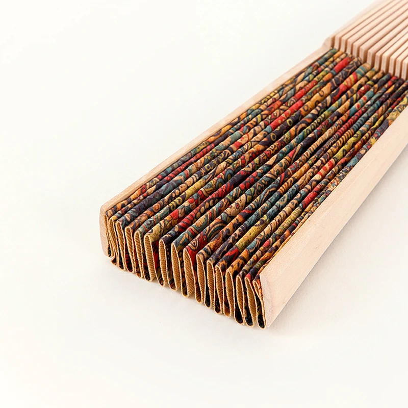 Description Picture 6 of itemVintage High Grade Wooden Folding Fan Cork Fabric Plaid Pattern Art Craft Home Decor Ornament Dance Hand Fan Photo Props Gift
