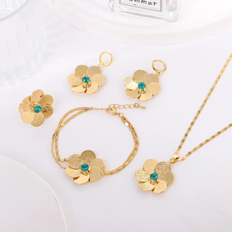 Luxury Flower Pendant Double layer Stainless Steel Chain Bracelet Necklace for Women Pair with Earrings and Rings Ladies Jewelry