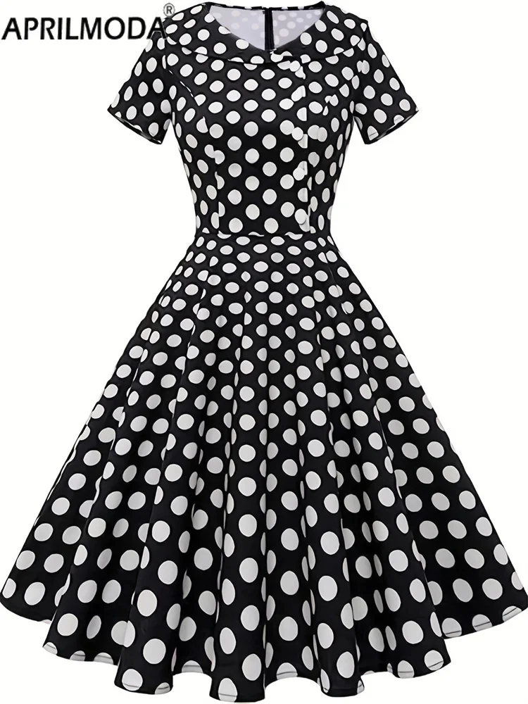 

Black Vintage Big Swing Flare Dress Elegant Button Oversized Short Sleeve Tunic Midi Sundress Polka Dot Print A Line Women Dress