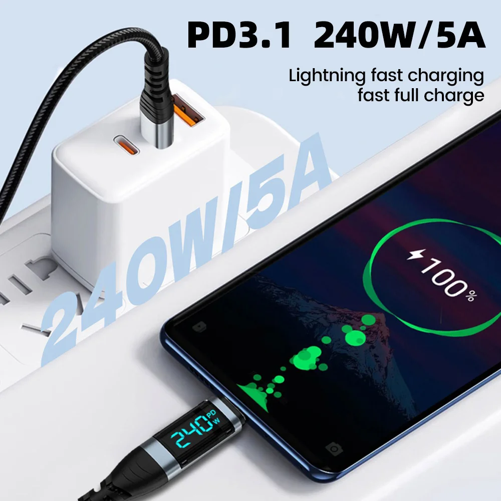 240W PD to Type C Data Cables Fast Charging Charge Cords USB C to PD Digital Display Cable For iPhone 15 16 Huawei Xiaomi Cord