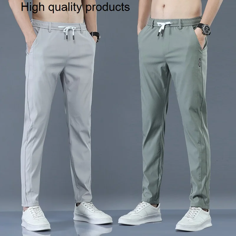 

Chino Casual Pants Men Korean Thin Slim Classic Summer Elastic Waist Fashion Khaki Black Stretch Lightweight Trousers Male