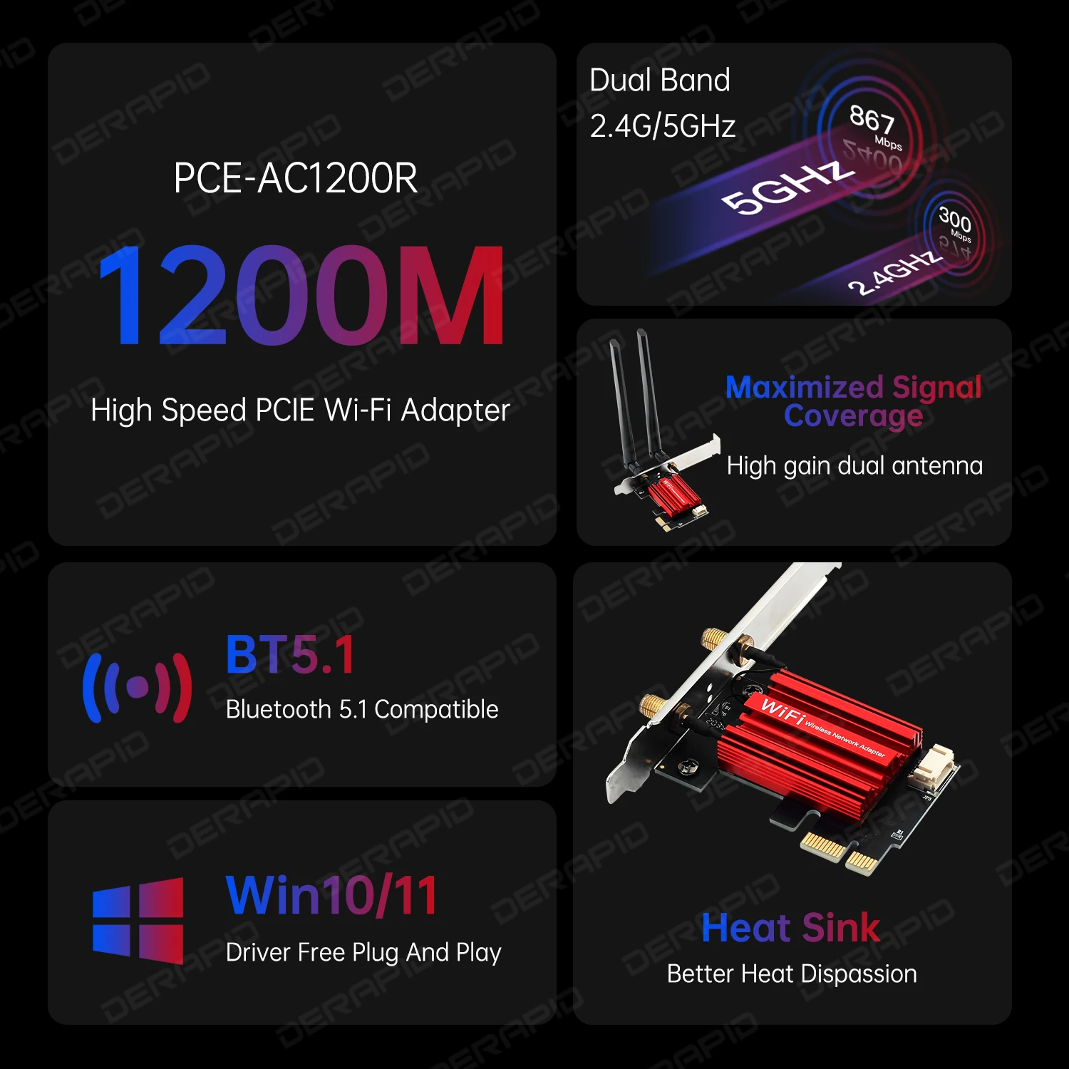 AC1200 PCIe WiFi 카드 블루투스 5.1 데스크탑 네트워크 어댑터 Windows 10 11용 1200Mbps 듀얼 밴드 5GHz 867Mbps 무선 카드