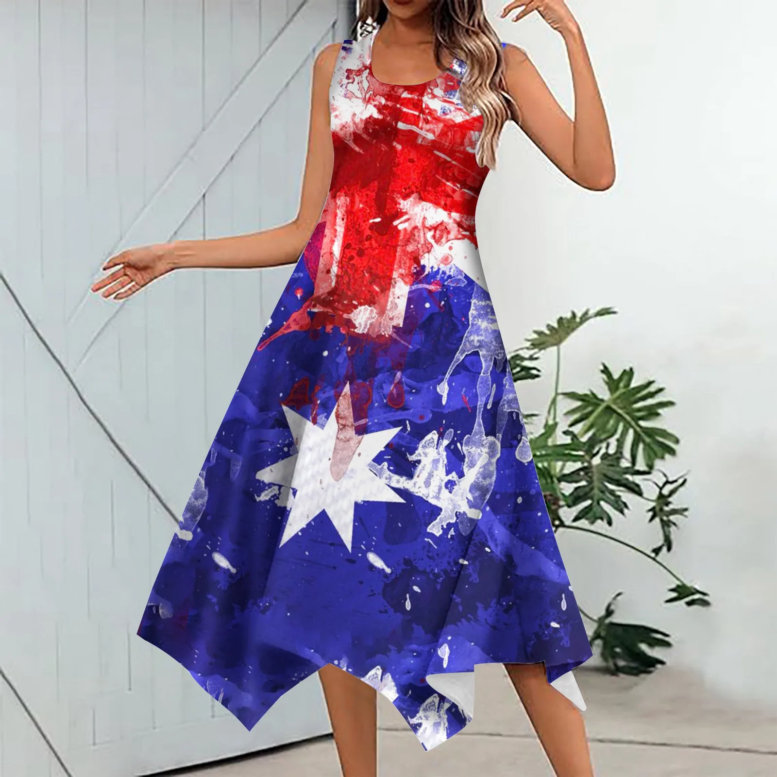 

Women's Fashion Summer UK Independence Day Print Dress Retro Irregular Skirt Round Neck Sleeveless Dresses Mid Calf Sundresses