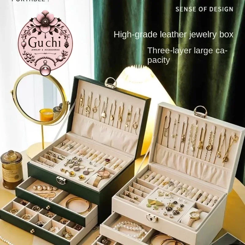 

Large Capacity Light Luxury High-End Exquisite Jewelry Box 2023 New Necklace with Lock Earrings Anti-Oxidation Storage Box