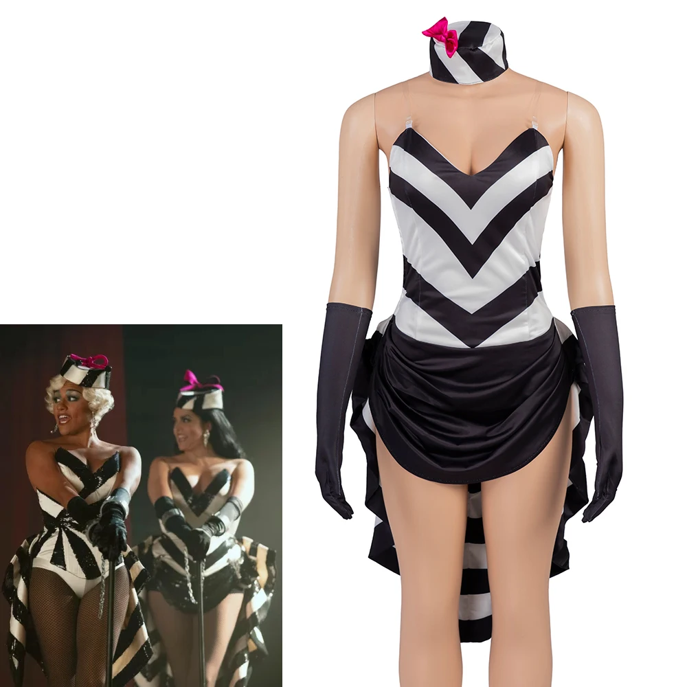 

Musical Schmigadoon Season2 Cosplay Costume Women's Sexy Black White Striped Dress with Accessory Halloween Stage Outfit