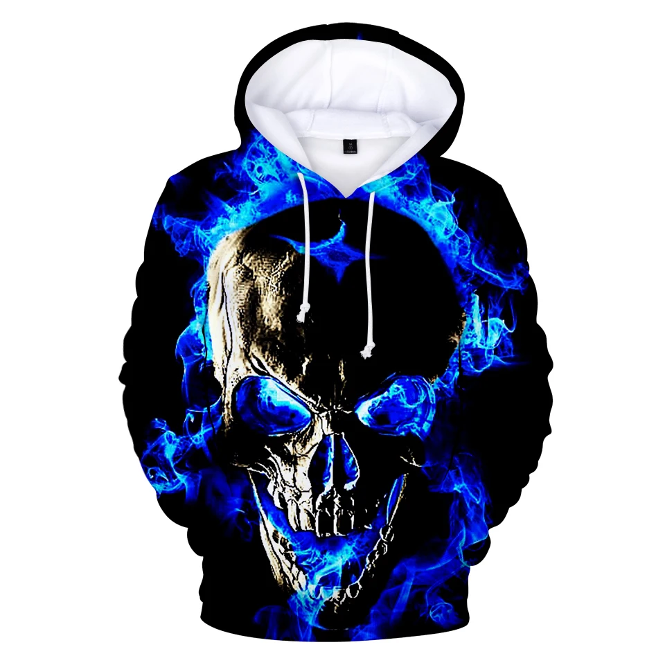 

2024 Skull Boys and Girls Blue Hoodie Full 3D Printed Fire Skull Hip Hop Street Sportswear Blue Flame