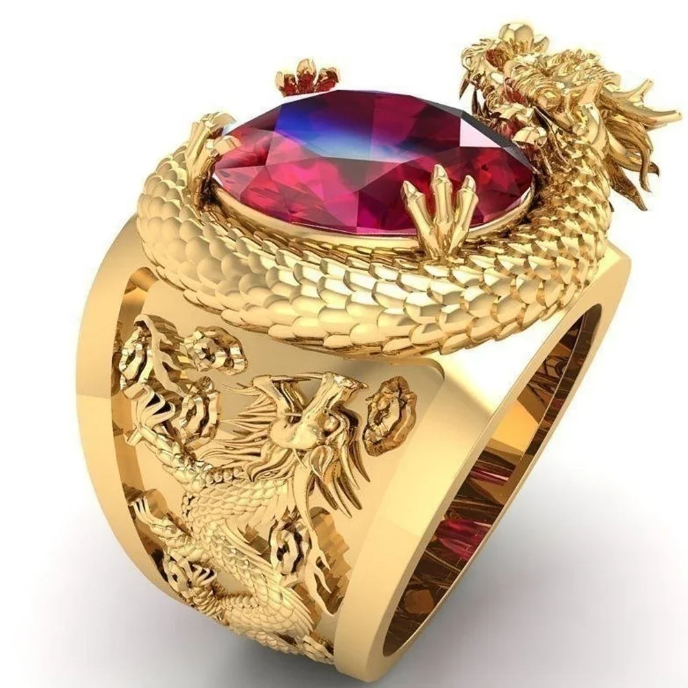 2023 Luxury Gold Color Dragon Pattern Men Rings Intarsiato Big Oval Red Stone Noble Wedding Party Finger Rings Gioielli Maschili Alla Moda