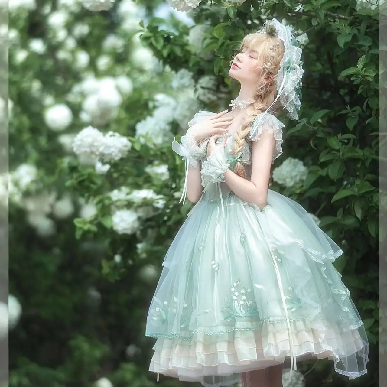 

MAGOGO Sweet Lolita JSK Dress Women Flower Embroidered Lace Ruffle Princess Strap Dresses Fairy Bow Bandage Birthday Party Dress