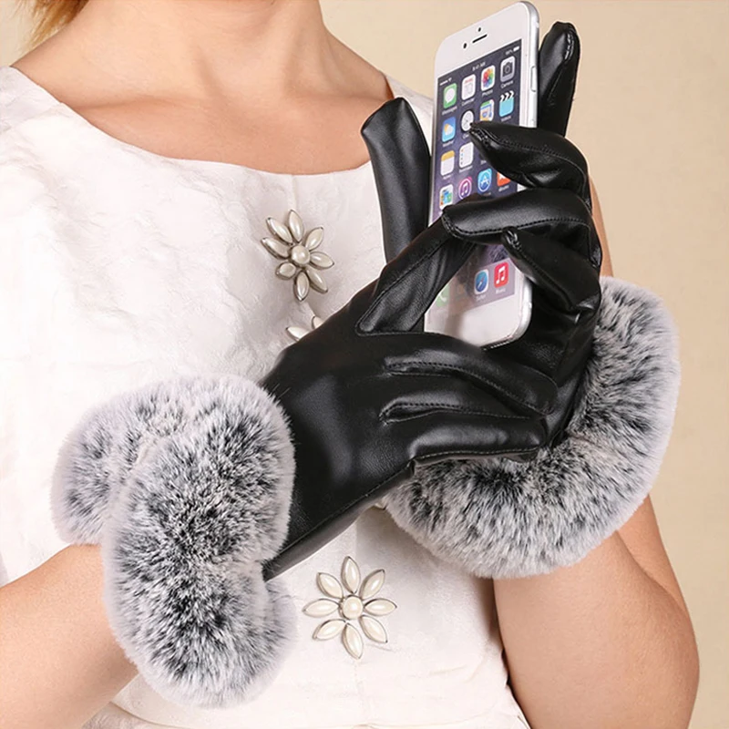 Women gloves 1 Pair Women Winter Warm Gloves PU Leather Rabbit Fur Mittens