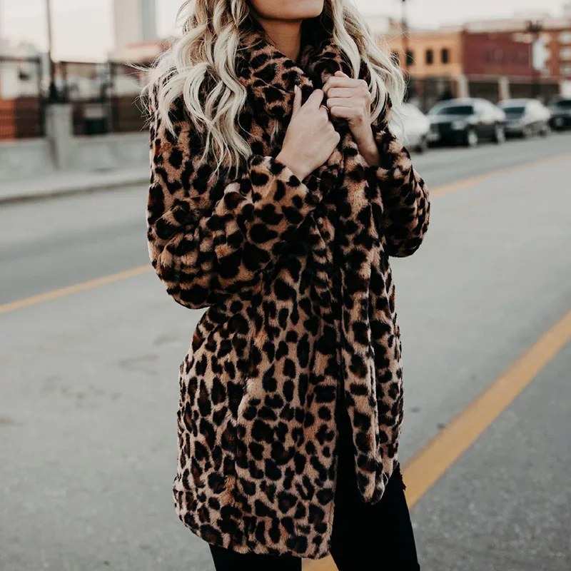 2023 Faux Fur Coat Women New Winter Fashion Leopard Print Outerwear Warm Long Sleeve Artificial Fur Jacket Plush Clothing S-5XL