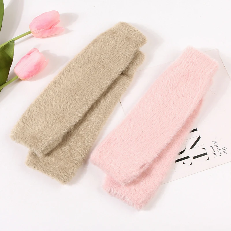 Autumn Winter Soft Mink Long Half Finger Gloves Women Plush Knitted Fingerless Gloves Wrist Mittens Driving Writting