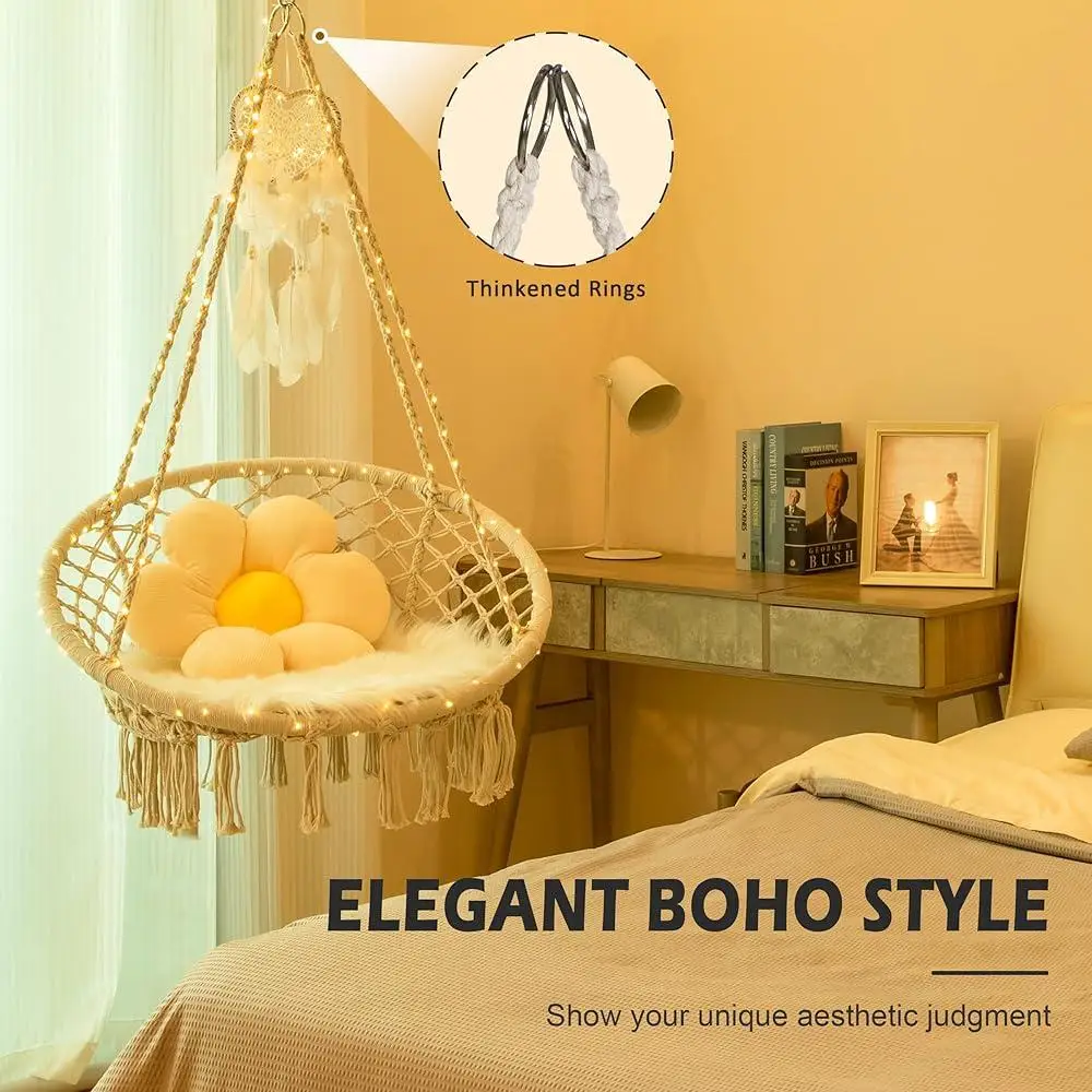 Macrame Hanging Chair with LED Lights Indoor Outdoor Swing Chair Decorative Hammock Relaxation Cradle Garden Home Patio 3