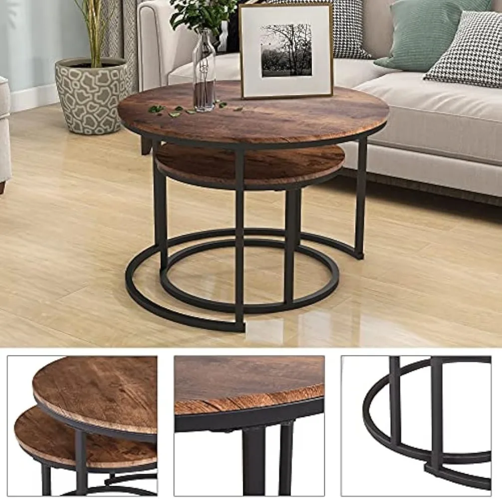 Description Picture 6 of itemHOJINLINERO Industrial Round Coffee Table Set of 2 End Table for Living Room,Stacking Side Tables, Sturdy and Easy Assembly,Wood