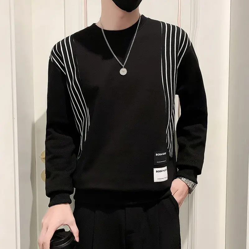 Men's Round Neck Striped Hoodies Spring and Autumn Fashion Loose Thin Long Sleeve Patchwork Letter 2023 New Pullover Casual Tops