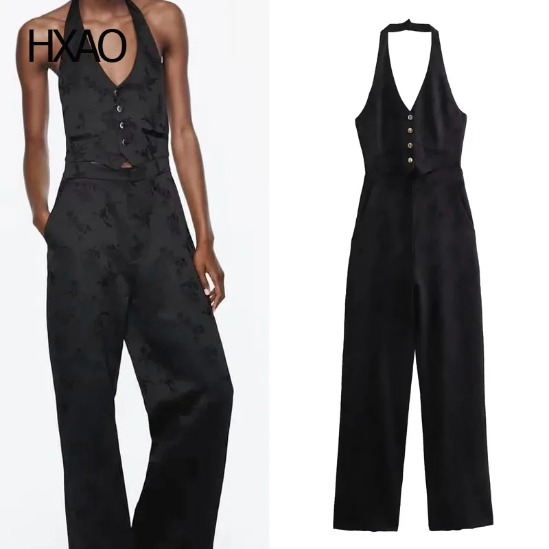 

Женский комбинезон с лямкой на шее HXAO, черный длинный комбинезон с открытой спиной и вышивкой, Модный женский комбинезон с широкими штанинами, элегантные женские комплекты
