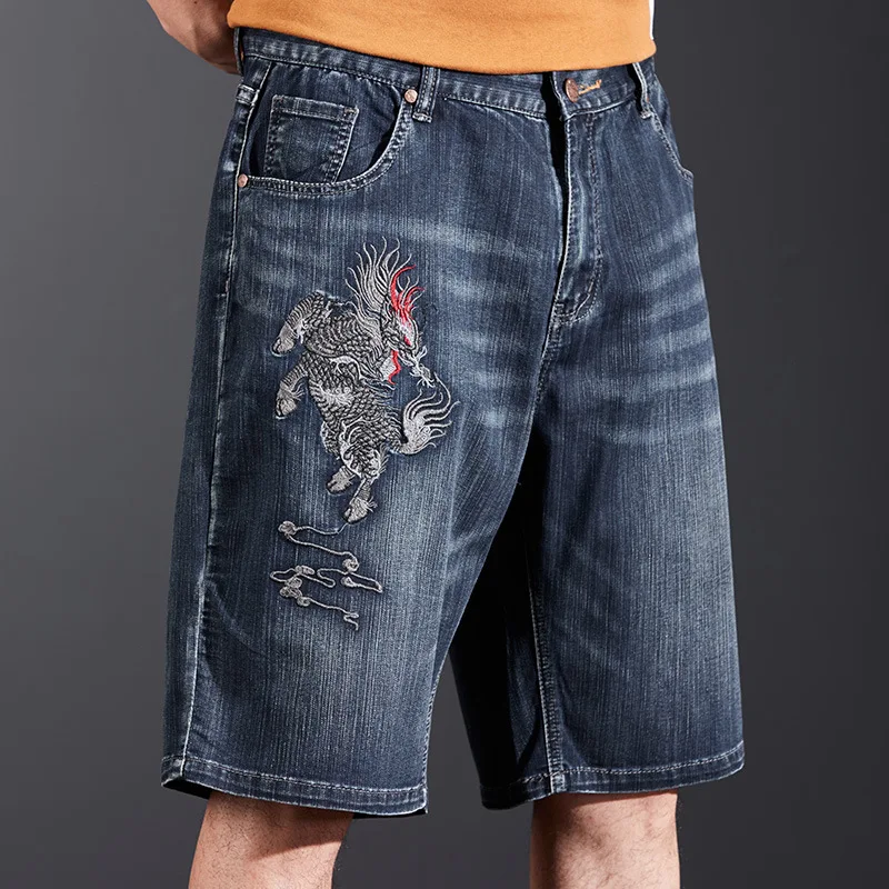 Summer Embroidered Split Denim Shorts Men's Loose Straight Mid pants Thin style Embroidered Cowboy Shorts Plus Size 42 44