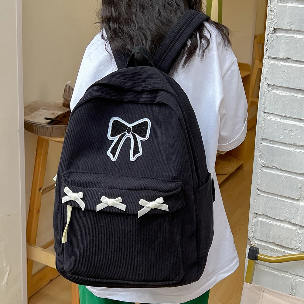 Cute Bowknot Aesthetic Backpack Corduroy School Backpack Lightweight School Bag for Girls Women High School College Work 2