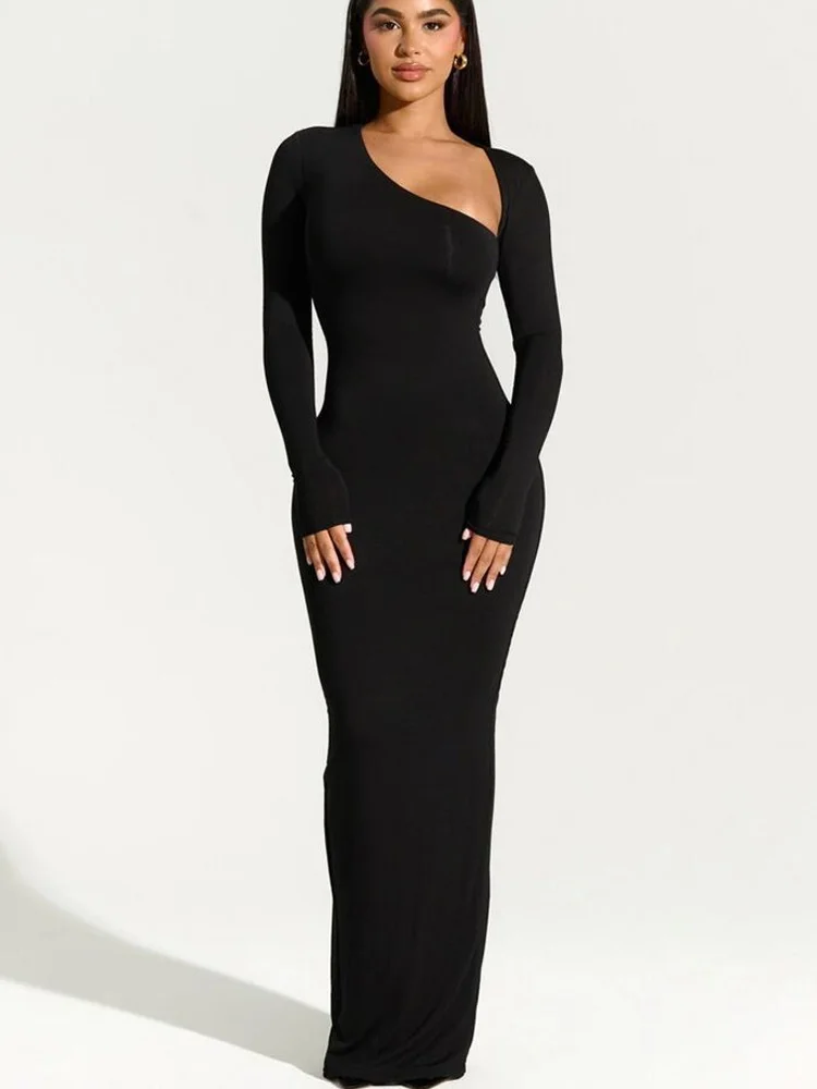 Fashion Women's Spring Irregular Neck Long Sleeve Slim Dress Solid Color Elegant Bodycon Black Long Dress Split Evening Dress