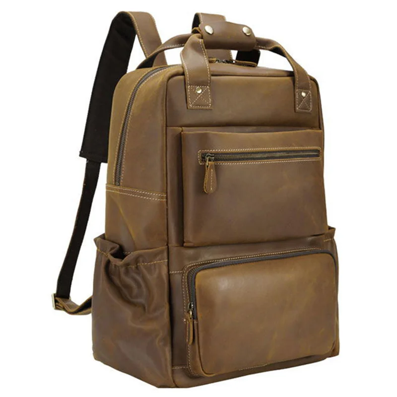 

Brand Designer Leather Backpack Large Capacity Travel Bag Of Men Male Vintage Fashion for 15.6 Computer drop ship