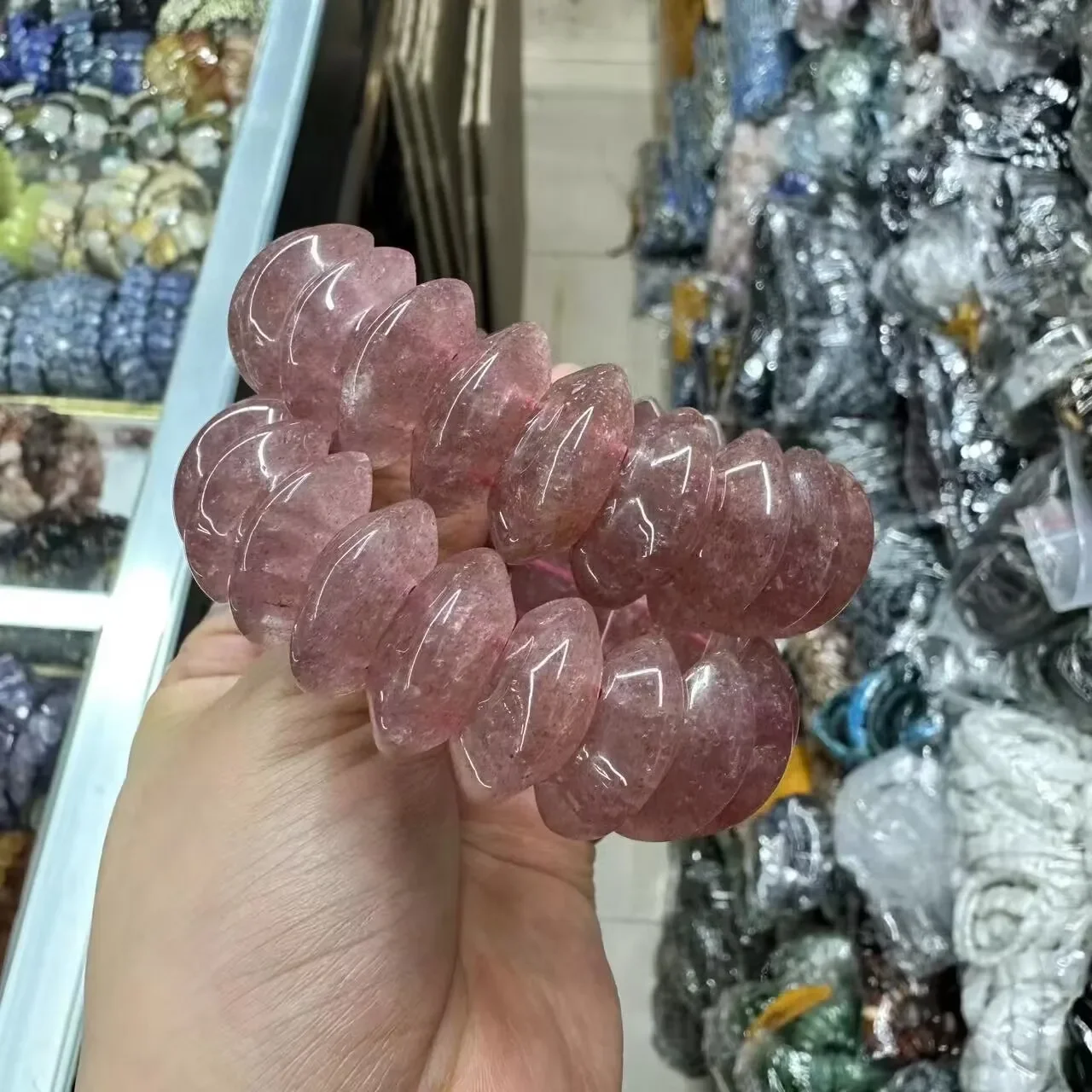 천연 딸기 쿼츠 스톤 팔찌, 남녀공용, 심플한 에너지 스톤 팔찌, 아카데믹 자기장 쥬얼리, 10 × 22mm