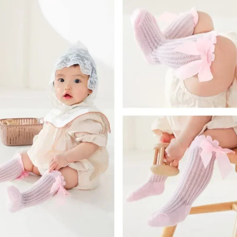 Summer Ultra-thin Mesh Socks Baby Girl Mosquito Resistant Knee Sock Cute Newborn Pink Bow Hollow Cotton baby socks kids socks cotton socks girls socks