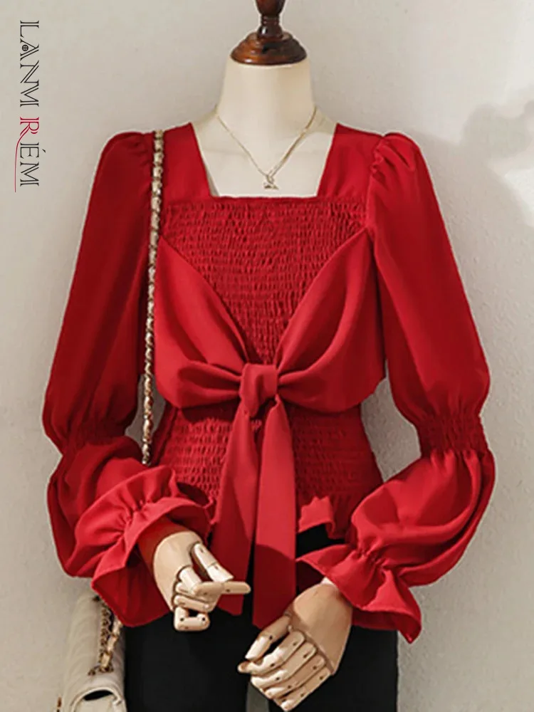 

LANMREM Fashion Bow Spliced Blouse Women Square Collar Flare Sleeves Solid Color Slim Shirt Korean Style Spring New 32C609