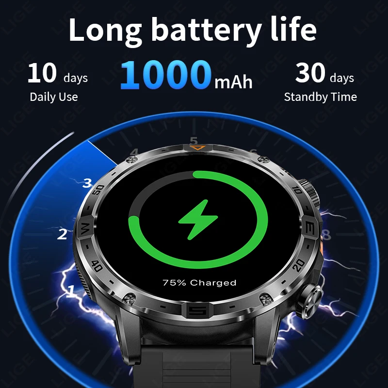 LIGE New 1000mAh Long Battery Smartwatches Compass LED Flashlight Smart Watch Men BT Call Smartwatch Waterproof Sports Watch Man