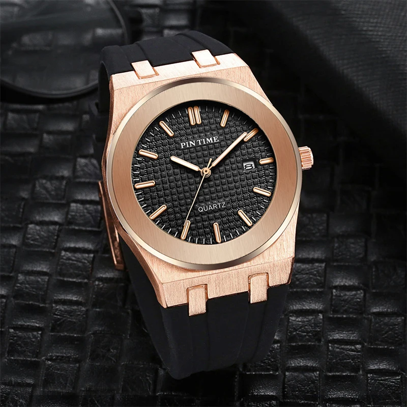 PINTIME Casual Men's Watches Silicone Strap Metal Case Waterproof 3ATM Checked Dial Calendar Fashion Quartz Wristwatch Luminous